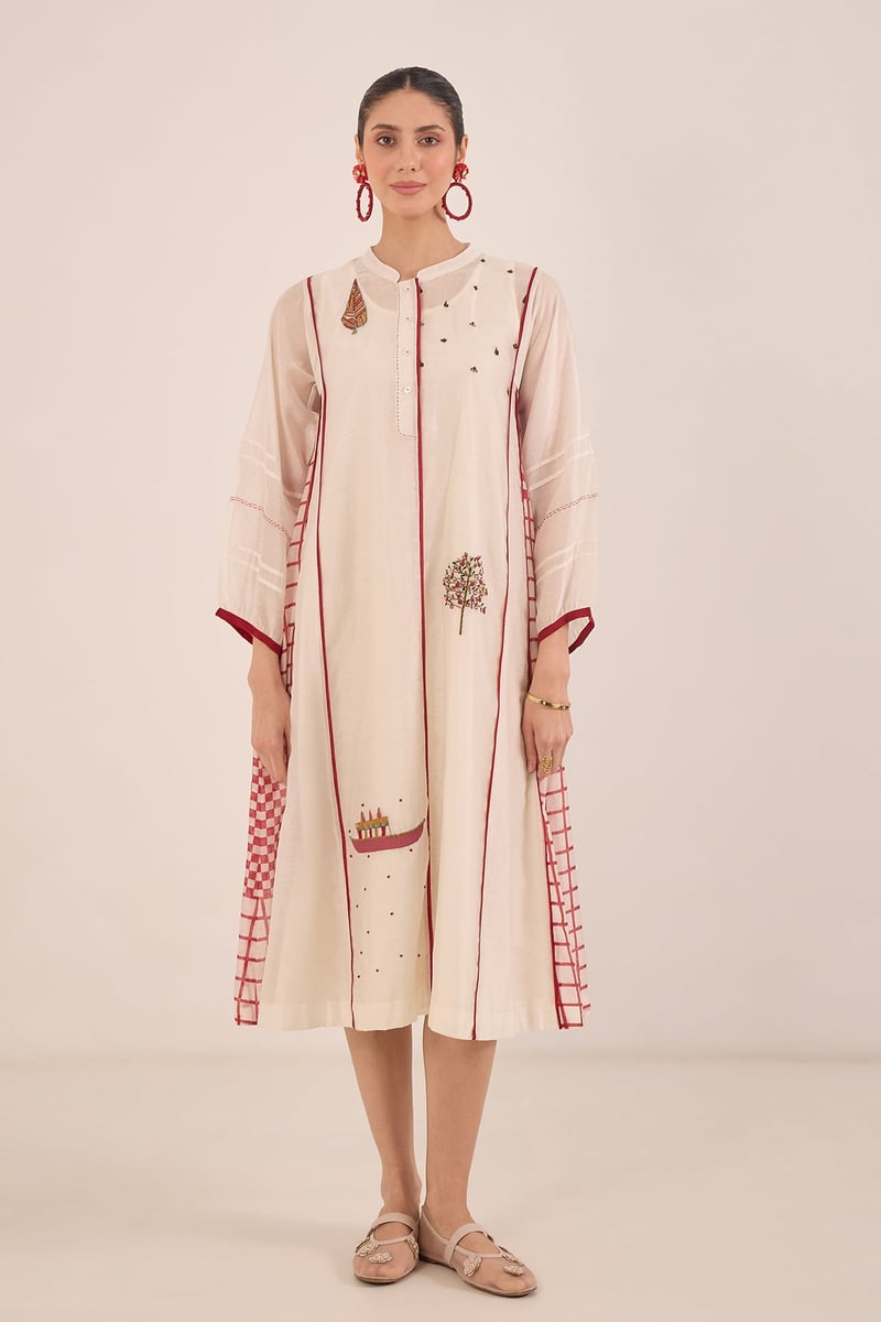 Ivory Chanderi Kali Kurta Set with Red Check Panels