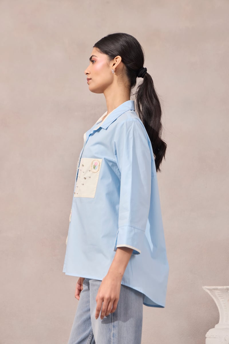 Frost Blue Cotton Poplin Shirt with Applique and Pearl Pocket
