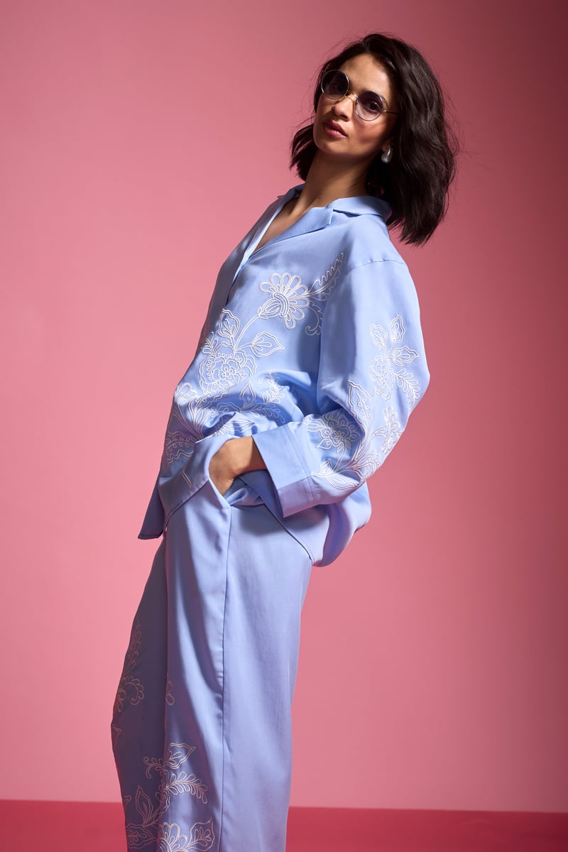 Pastel Blue Tencel Placement Embroidered Relaxed Fit Shirt