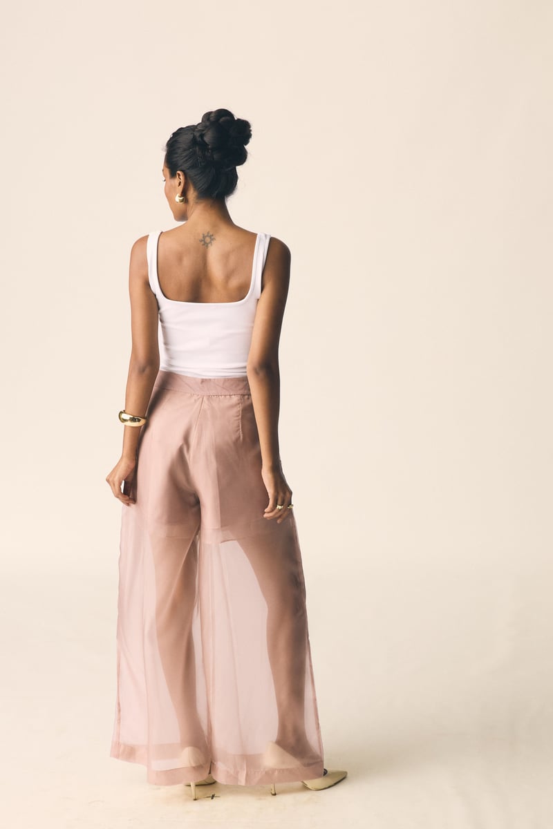 Pink Organza Sheer Layered Wide-Leg Trousers