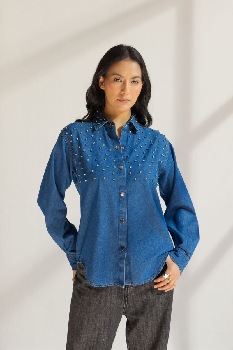 Blue Studded Denim Snap-Button Shirt