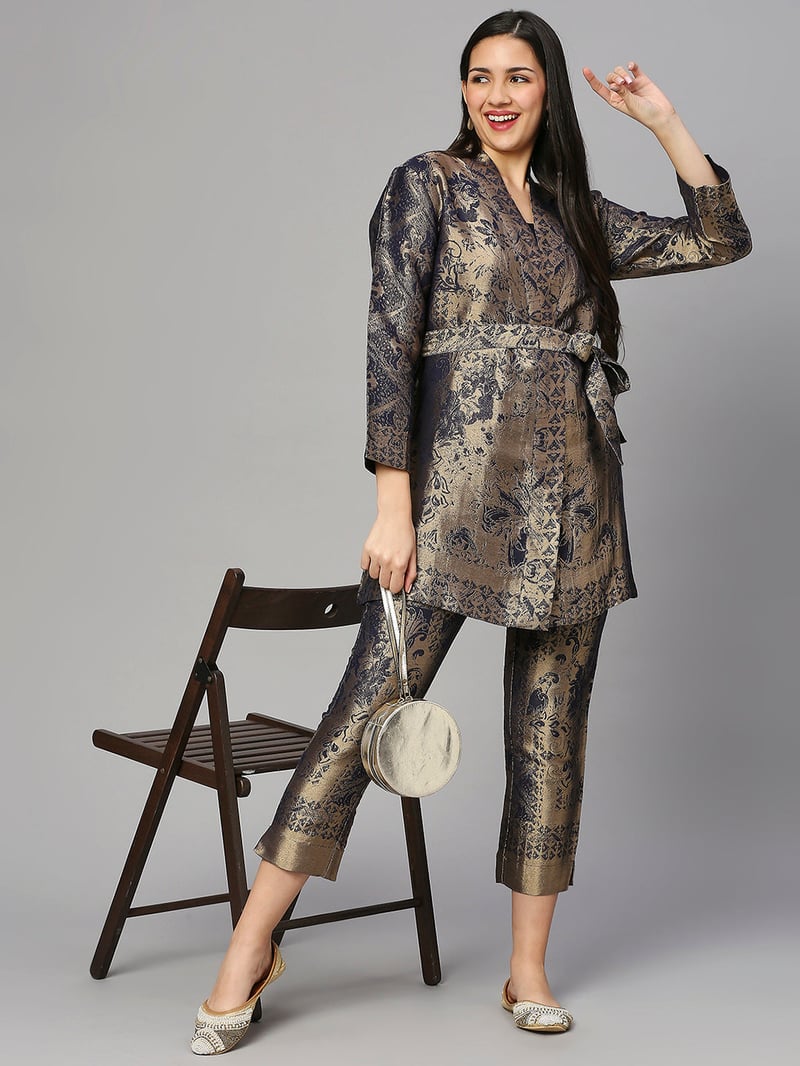 Navy/Gold Metallic Jacquard Cigarette Trousers