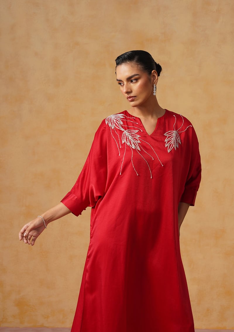 Red Satin Kaftan Midi Dress with Crystal Embroidery