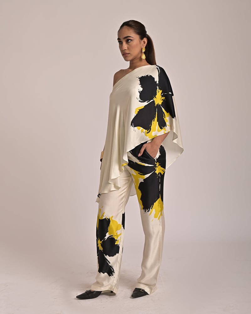 Ivory One-Shoulder Modal Satin Printed Long Top