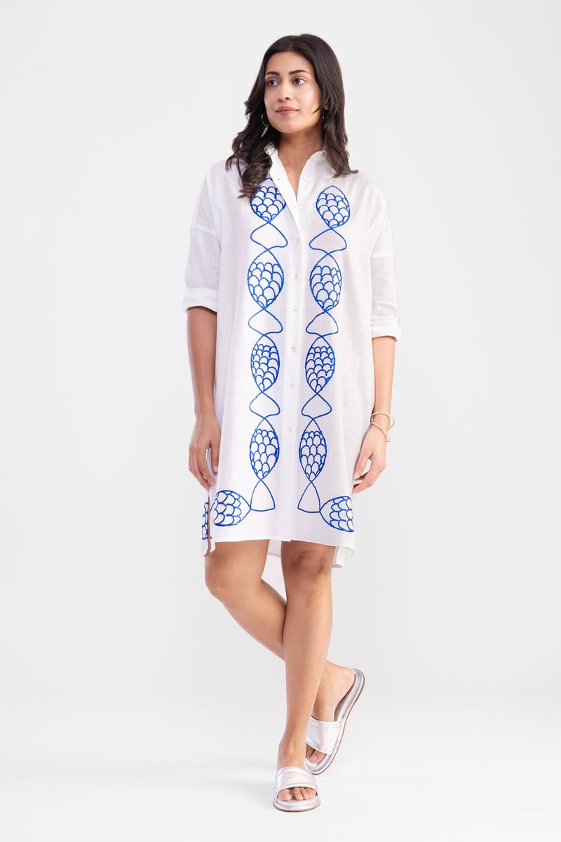 White Mini Shirt Dress with Blue Fish Embroidery
