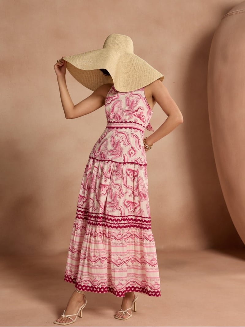 Pink Printed Halter Neck Tiered Maxi Dress