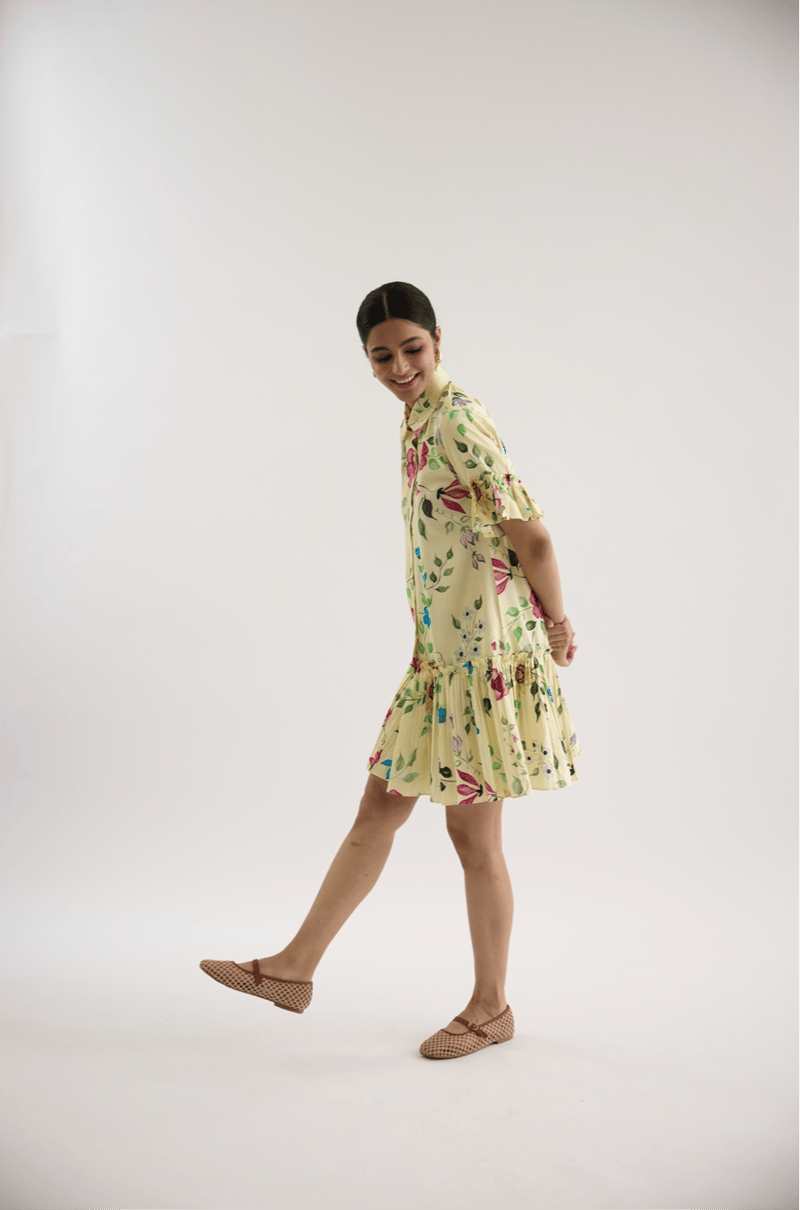 Yellow Floral Printed Tiered Mini Shirt Dress