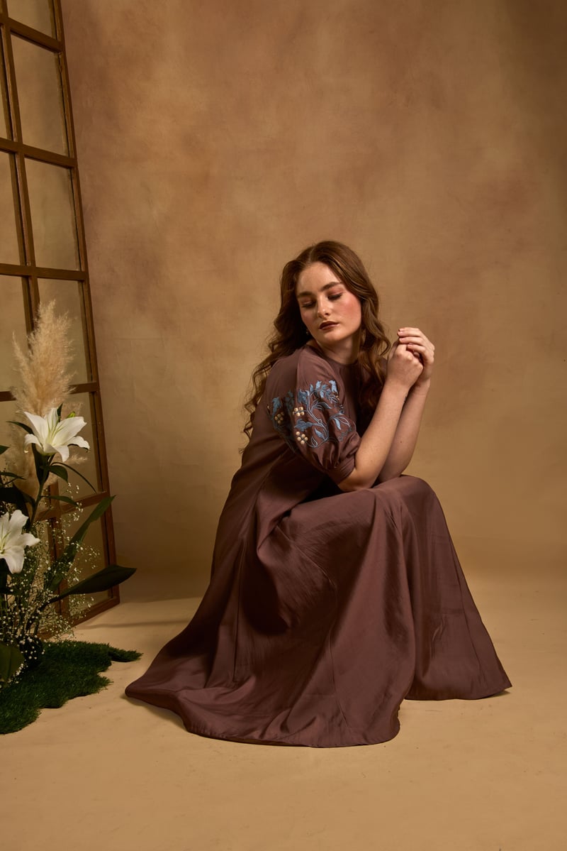 Brown Roman Silk Fit and Flare Midi Dress with Embroidered Sleeves