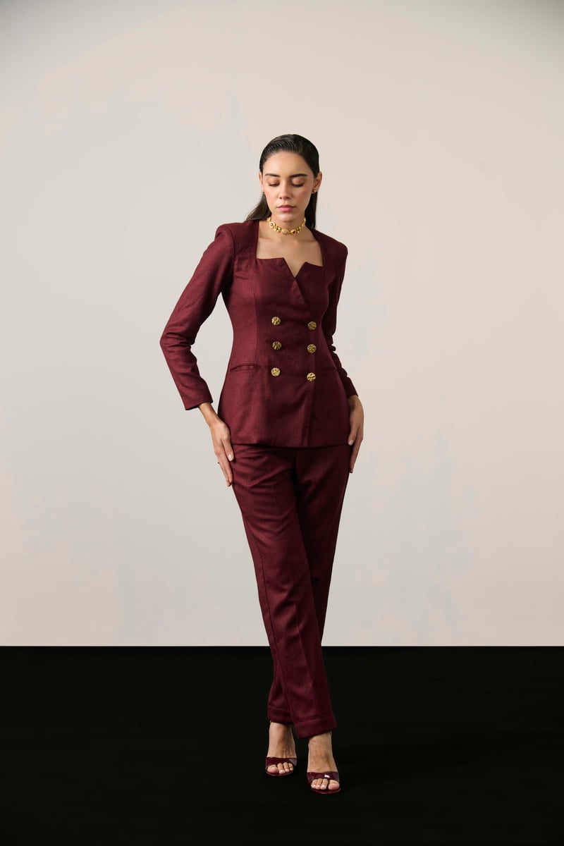 Maroon Tweed Double-Breasted Blazer Co-ord Set