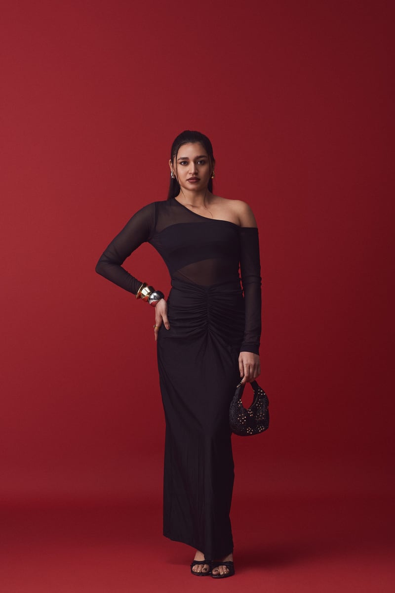 Black One-Shoulder Sheer Sleeve Ruched Maxi Gown — LABEL FROW