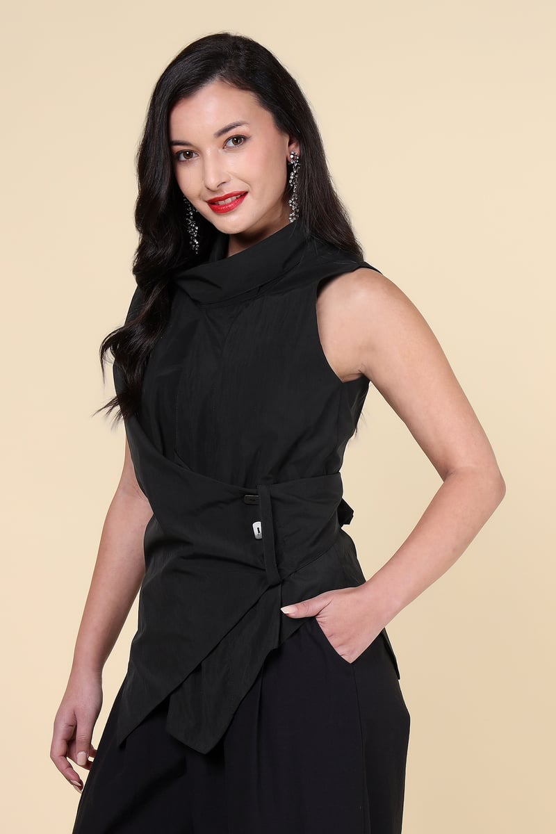 Black High Neck Sleeveless Wrap Top with Tie Waist