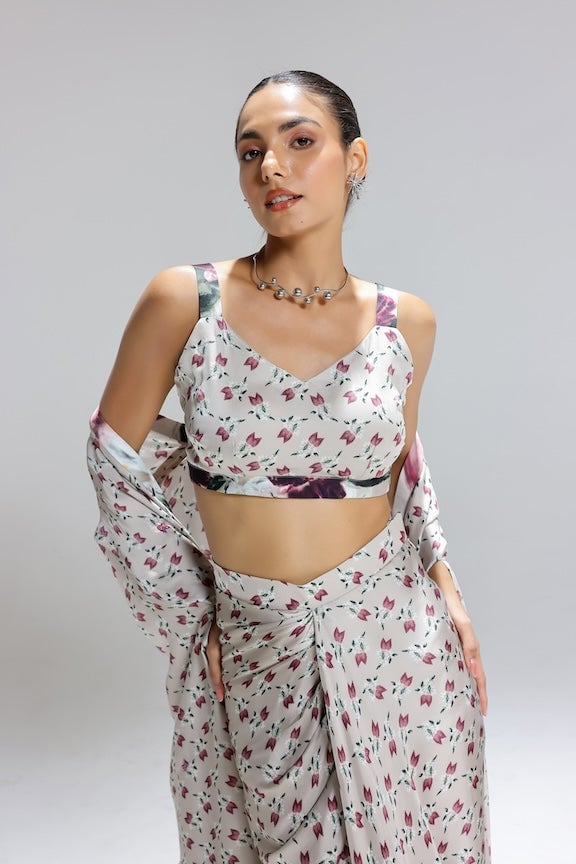 Beige Floral Bustier, Draped Maxi Skirt and Shrug Set