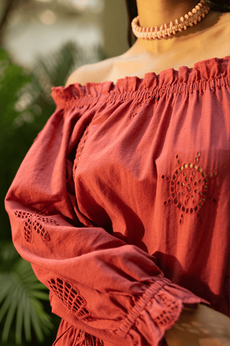Rust Off-Shoulder Cotton Slub Schiffli Embroidered Blouse