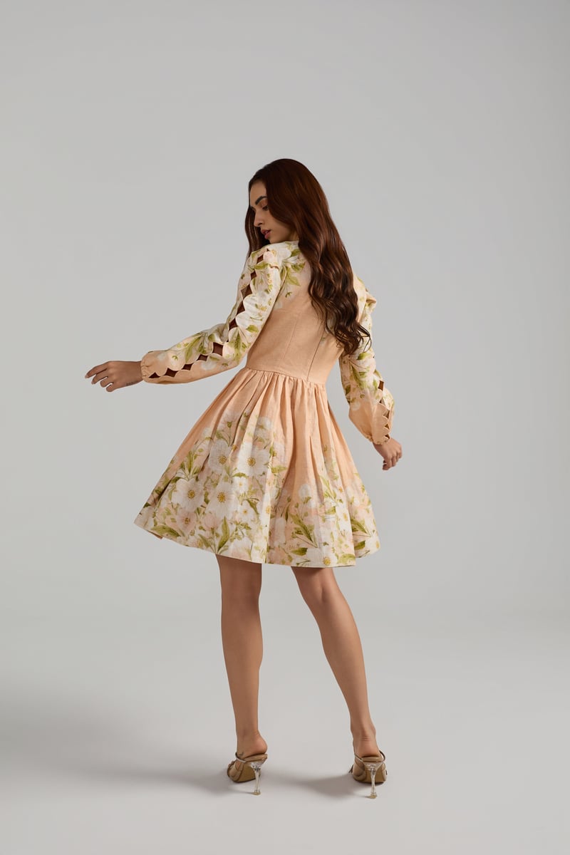 Peach Floral High Neck Fit and Flare Mini Dress