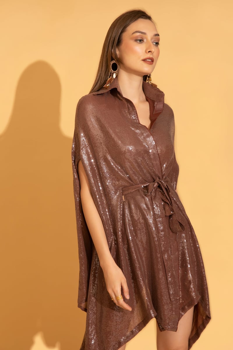 Rust Sequinned Georgette Kaftan Dress with Waist Tie