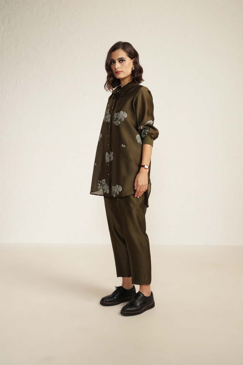 Olive Silk Chanderi Embroidered Shirt and Pant Co-ord Set