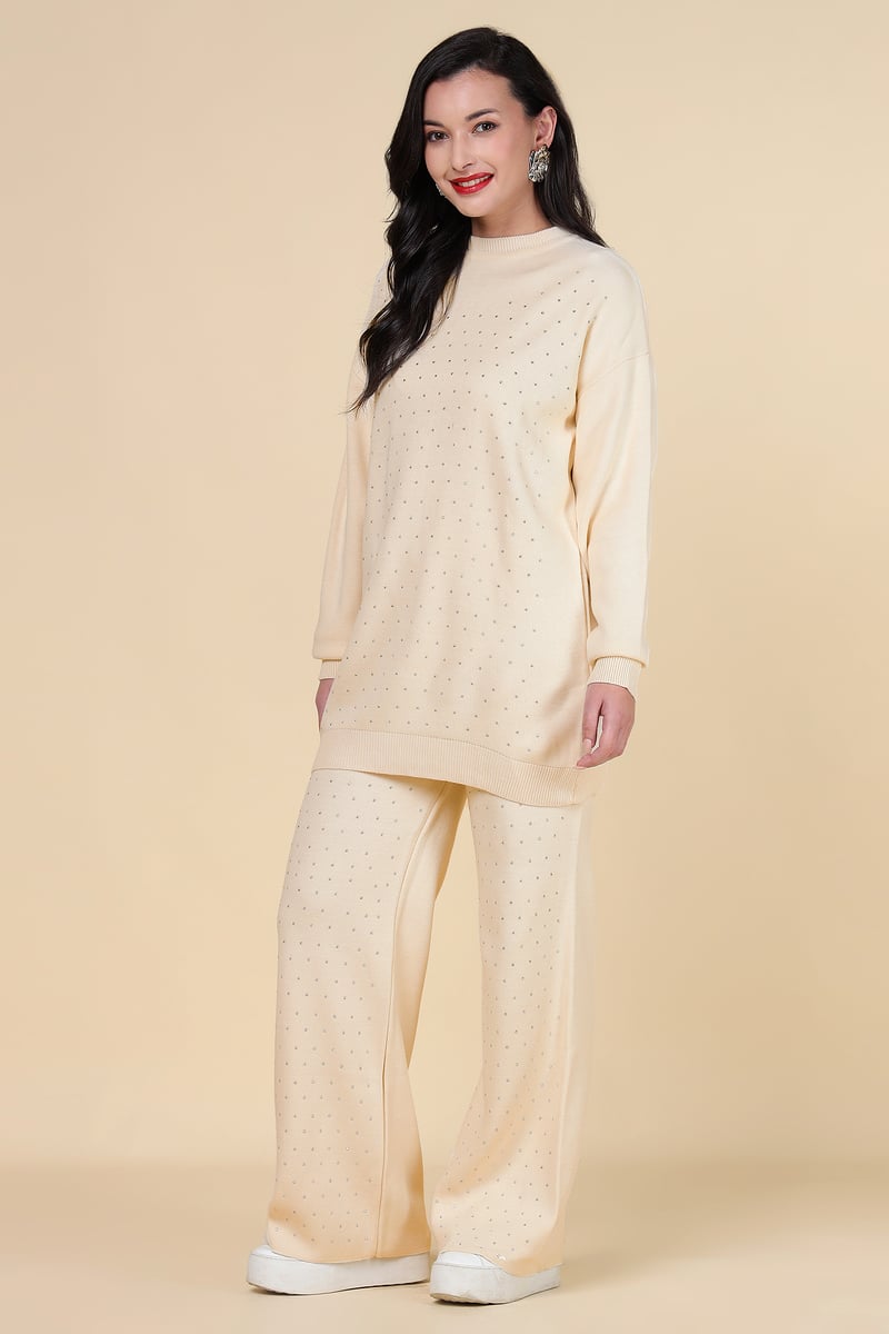 Ivory Embellished Knit Co-ord Set with Wide-Leg Pants