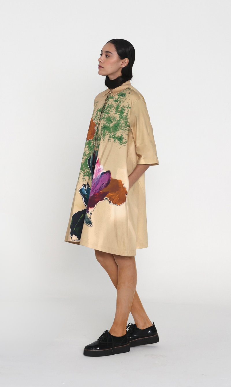 Beige Multicolor Oversized Floral A-Line Shirt Dress