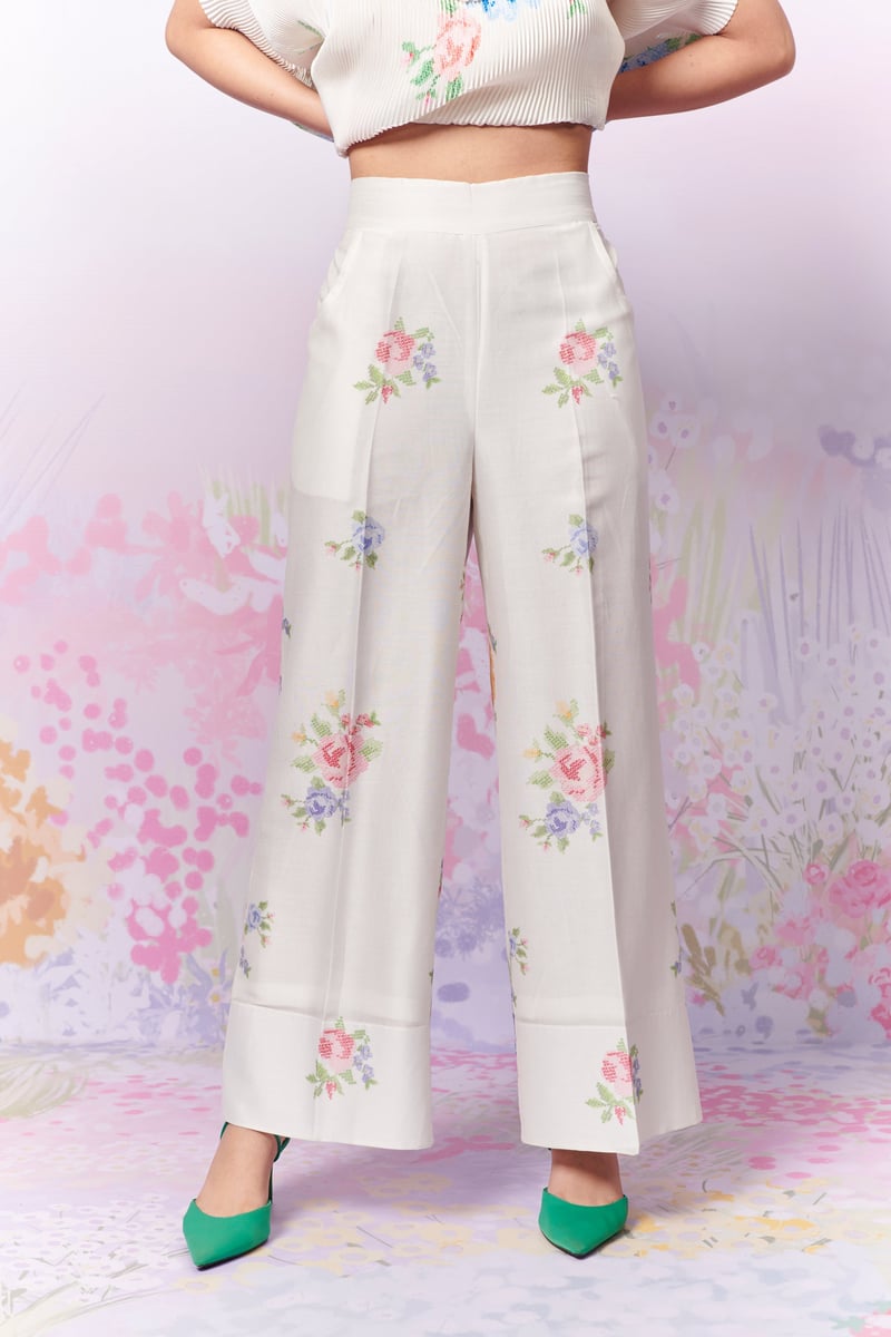 White Chanderi Silk Floral Wide-Leg Trousers
