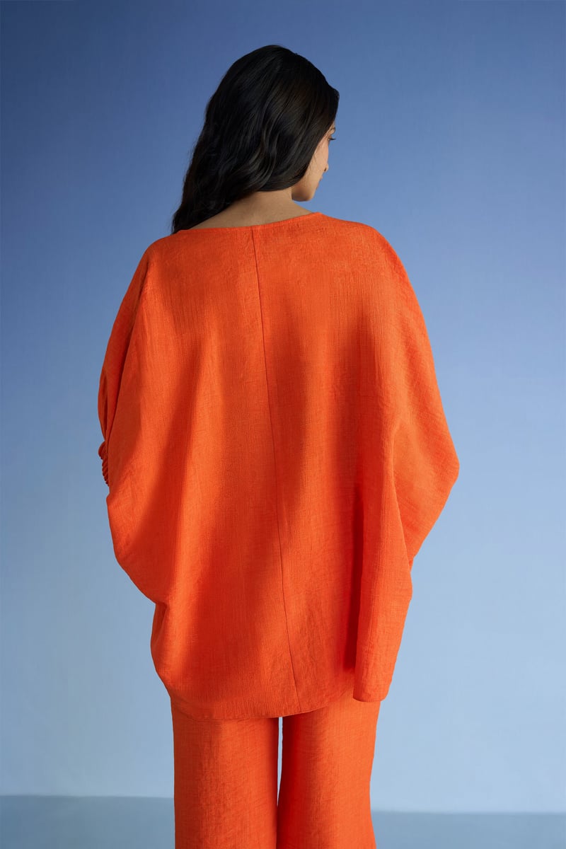 Tangerine Linen-Blend Longline Boxy Kaftan Top