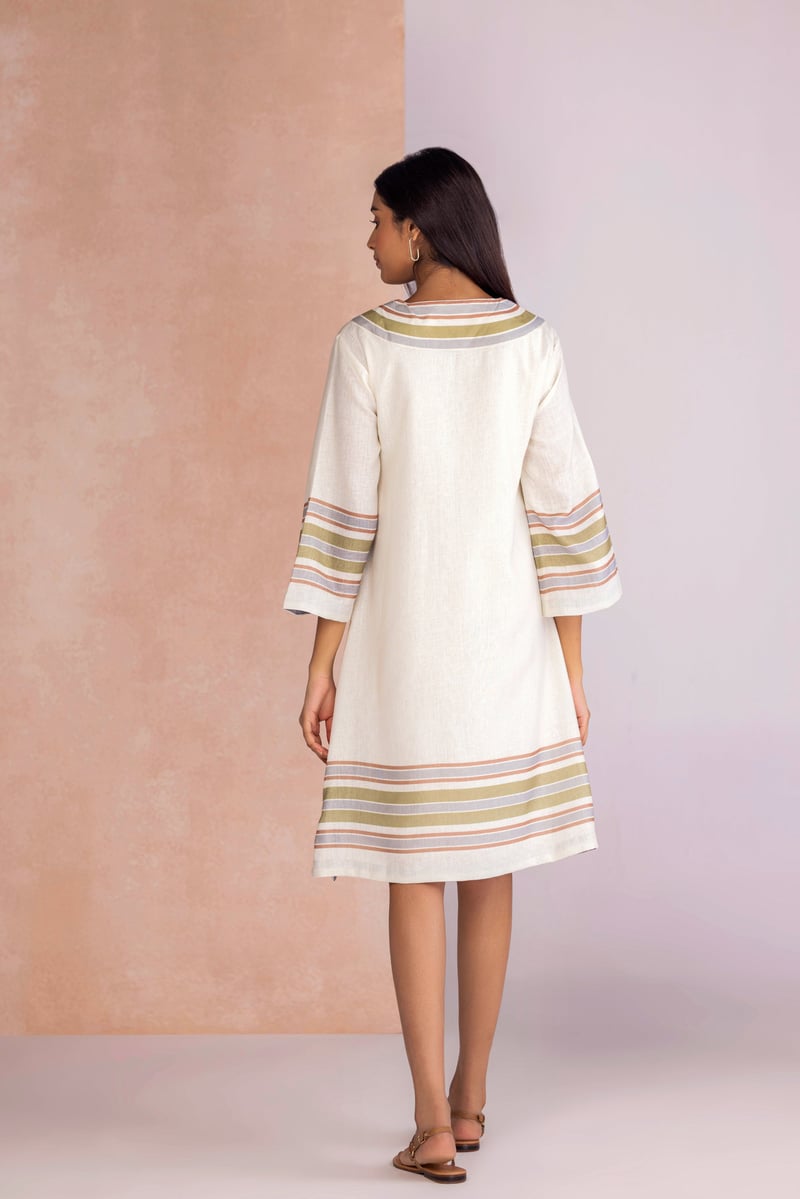 Earth Linen-Blend V-Neck Stripe Border Knee-Length Dress