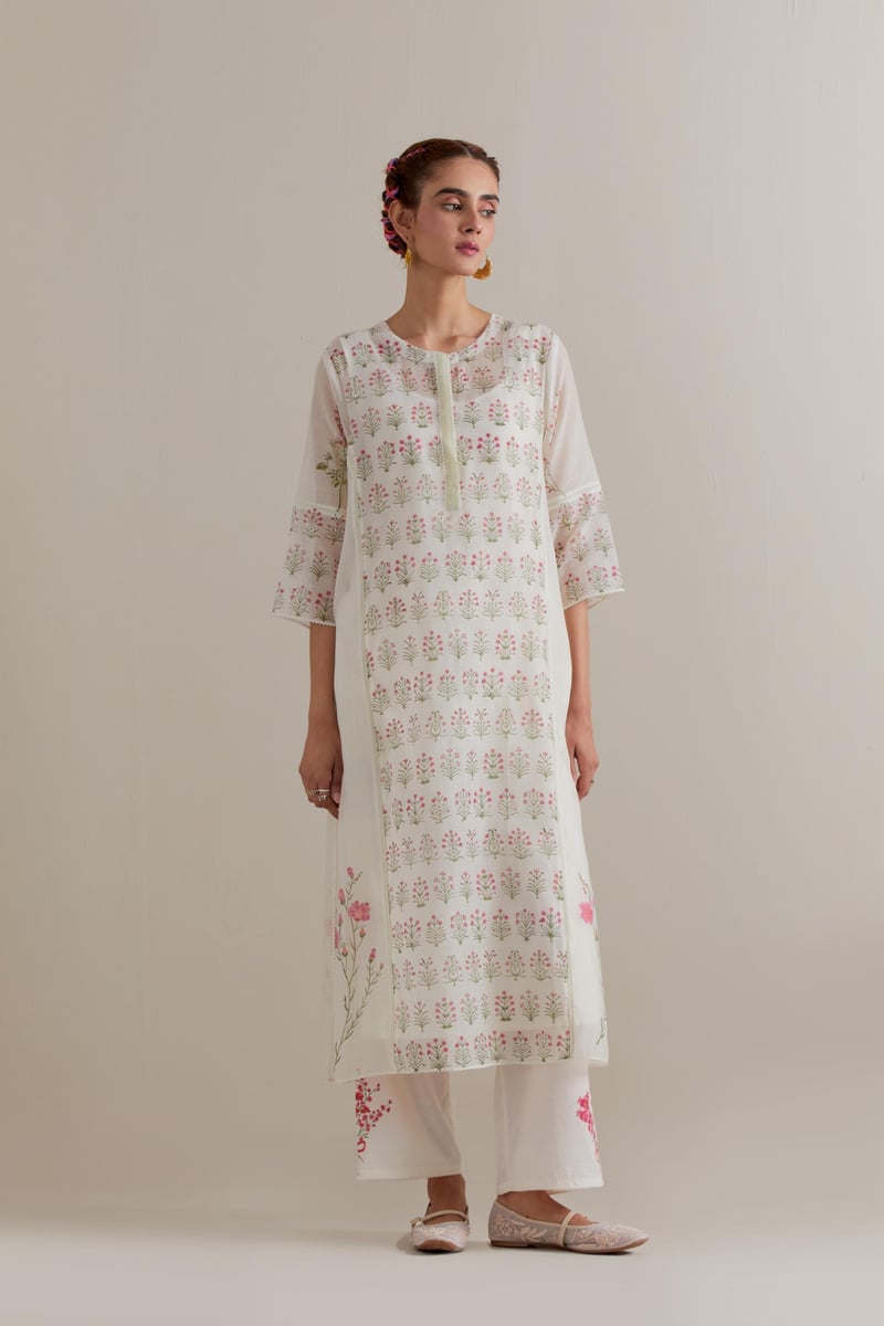 Off-White Floral Block Print Kurta Set with Dupatta