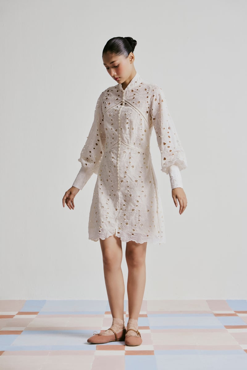 White Lace Mini Dress with Pearl Button Front — ETE CLOTHINGS