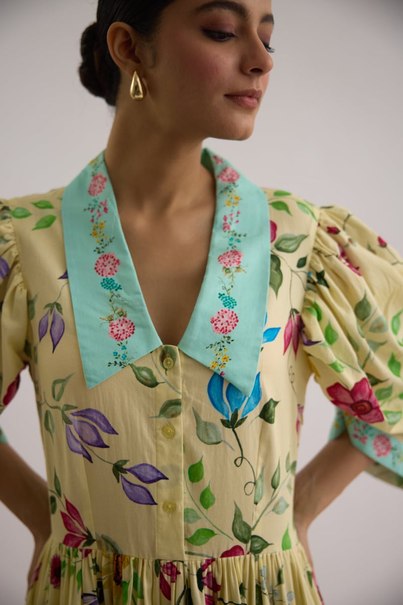 Yellow Floral Tiered Midi Shirt Dress with Contrast Collar