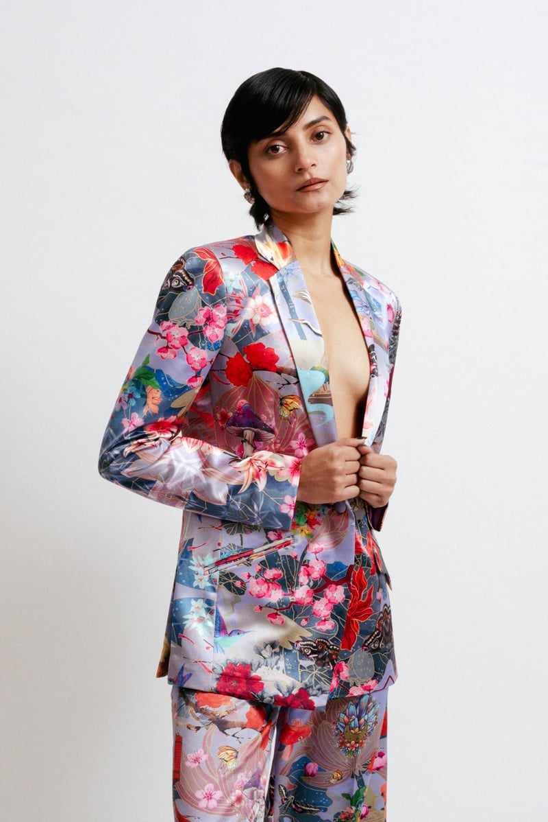 Multicolor Satin-Like Printed Tailored Jacket