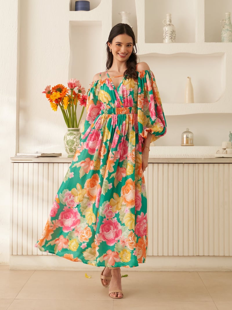 Green Floral Off-Shoulder Fit and Flare Midi Dress