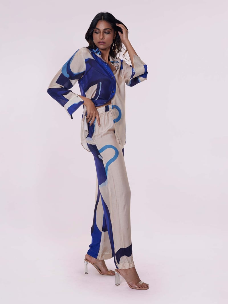 Blue Abstract Printed Shirt and Wide-Leg Pants Co-ord Set