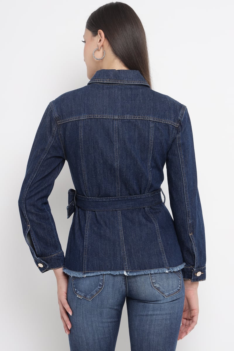 Blue Denim Belted Button-Through Blouse