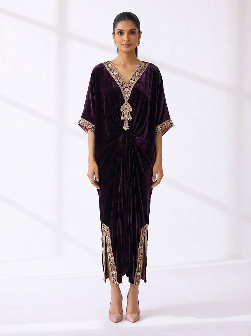 Purple Velvet V-Neck Kaftan with Zari Border — DHARINI