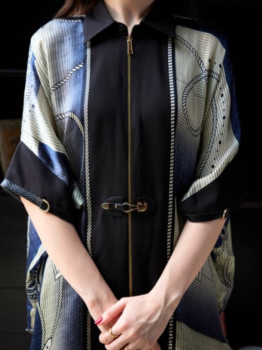 Ivory/Denim Printed Cupro Satin Co-ord Set with Zip Top