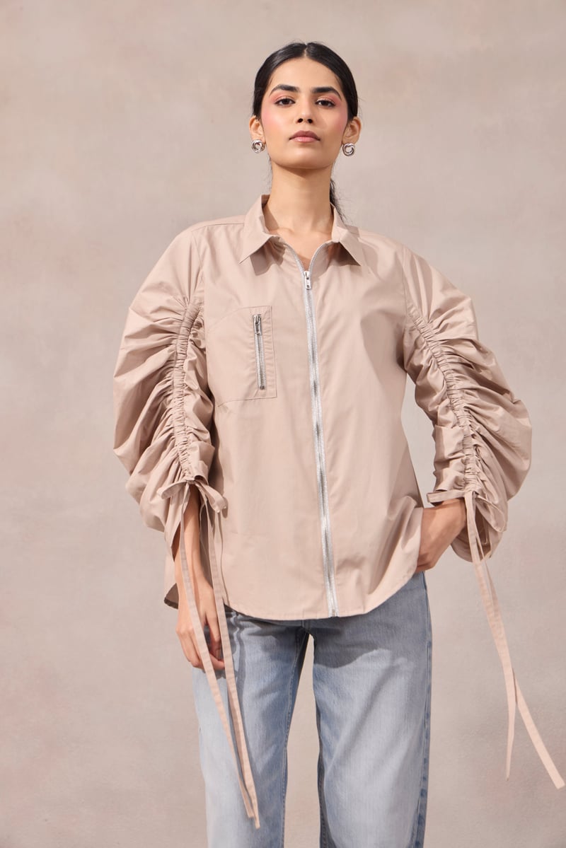 Lavender Zip-Front Shirt with Ruched Sleeves