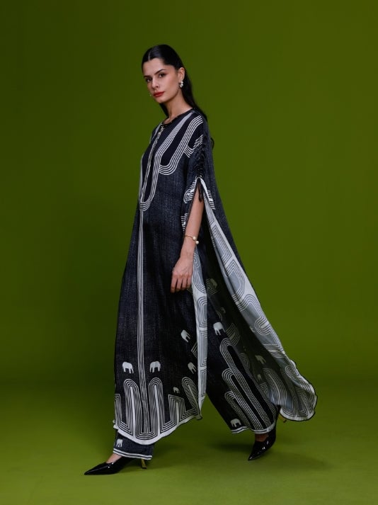 Black Cupro Satin Printed Kaftan and Pant Co-ord Set