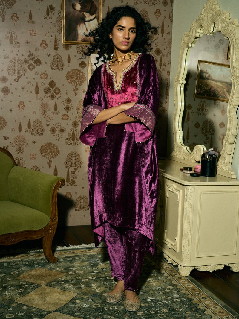 Purple Velvet Kaftan Kurta Set with Straight Pants