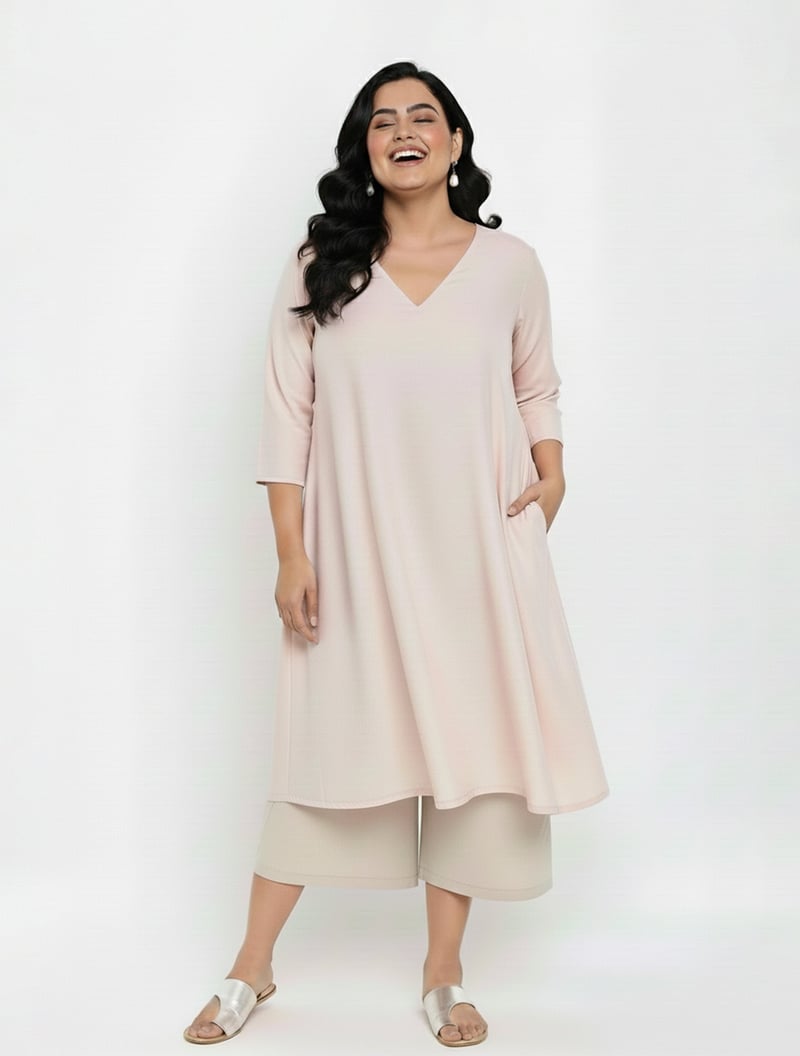 Pink V-Neck A-Line Kurta and Pant Set