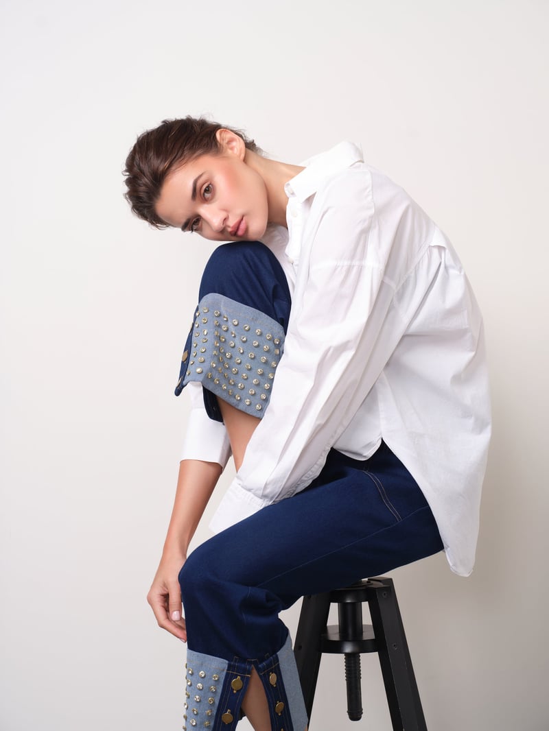 Dark Blue Straight-Leg Jeans with Crystal Turn-Up Cuffs