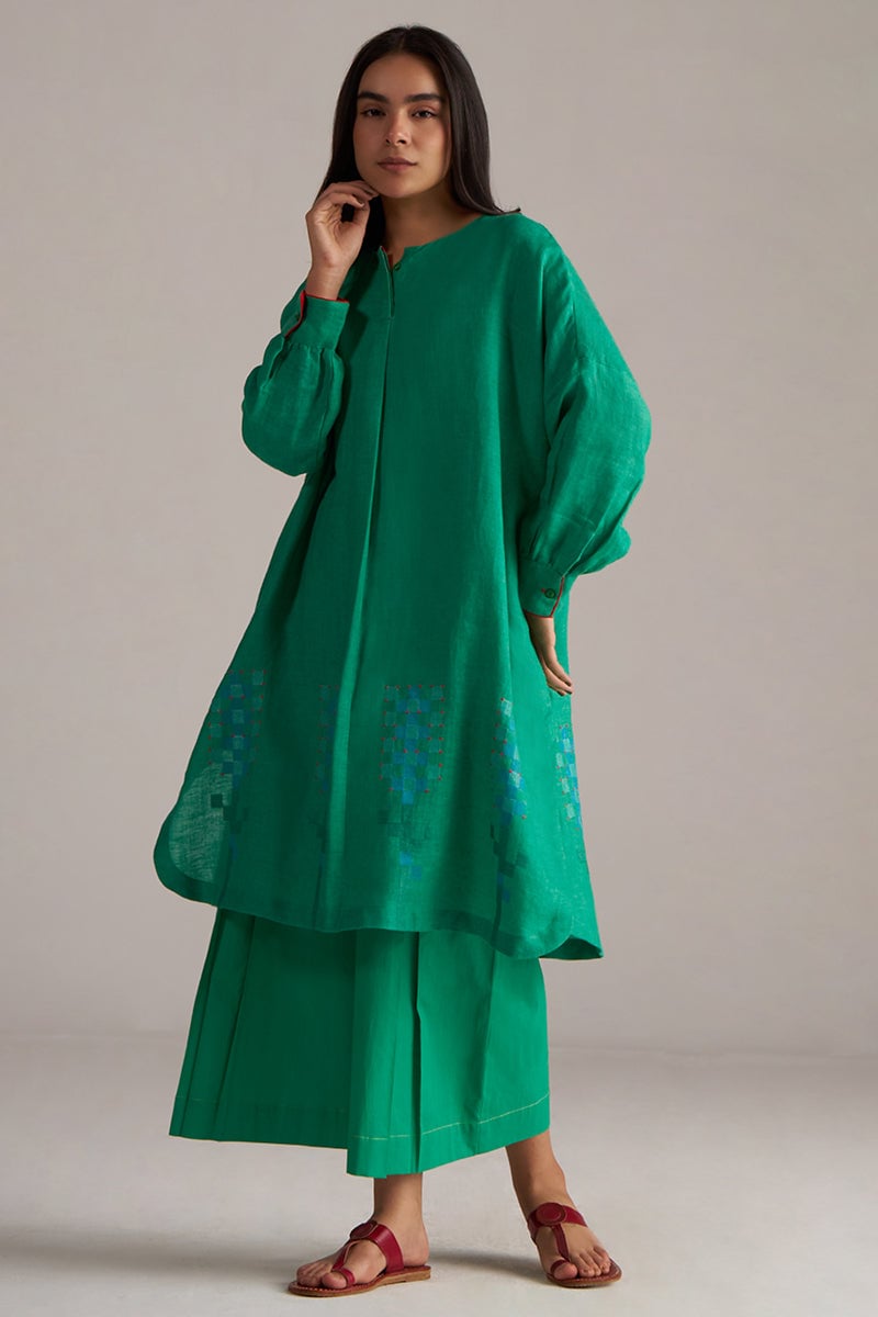Simply Green Linen Kurta and Wide-Leg Pants Co-ord Set