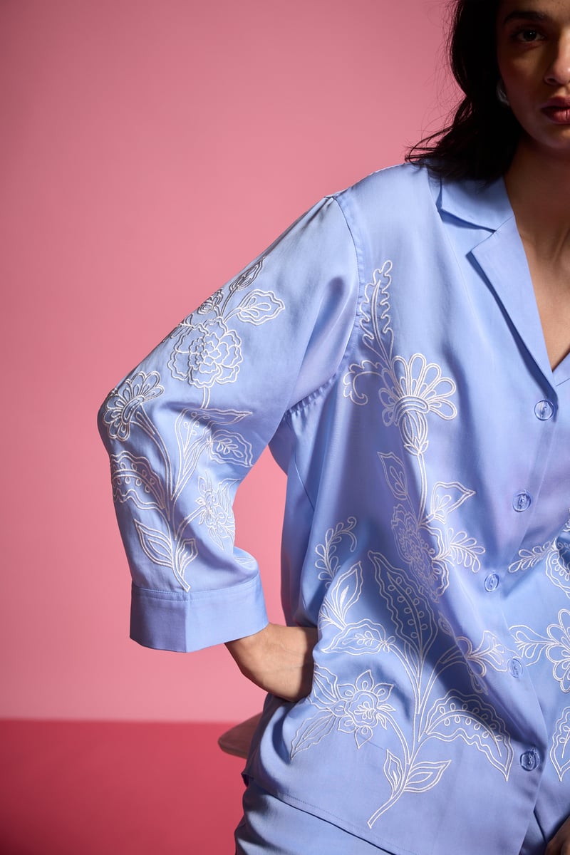 Pastel Blue Tencel Placement Embroidered Relaxed Fit Shirt