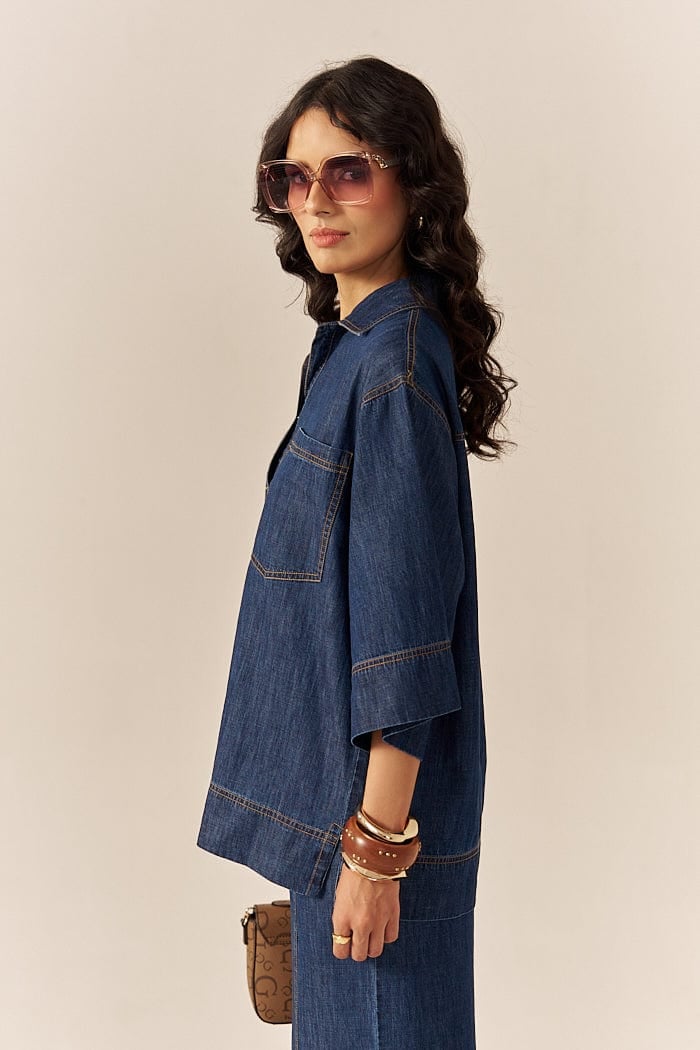 Blue Denim Shirt and Flared Pants Co-ord Set