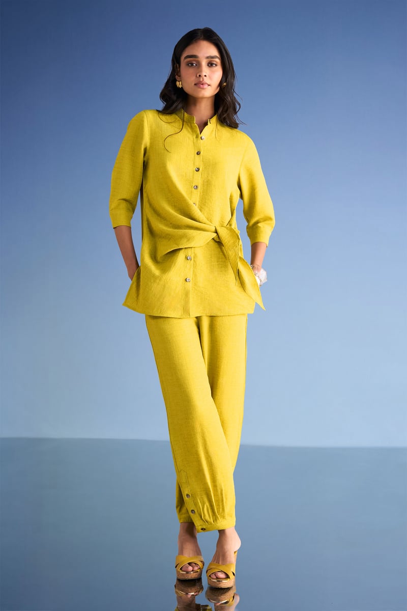 Chartreuse Linen-Blend Relaxed Fit Pleated Cuff Trousers