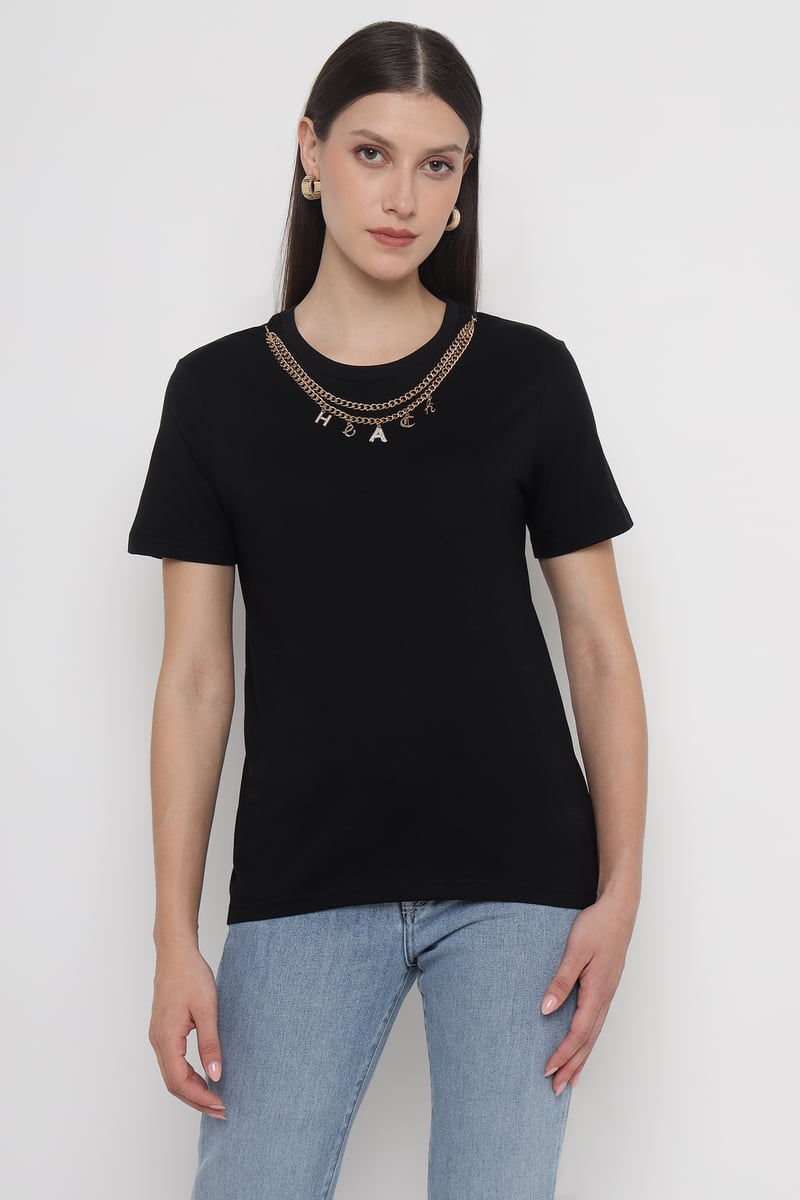 Black Crewneck T-Shirt with Chain Neckline Detail