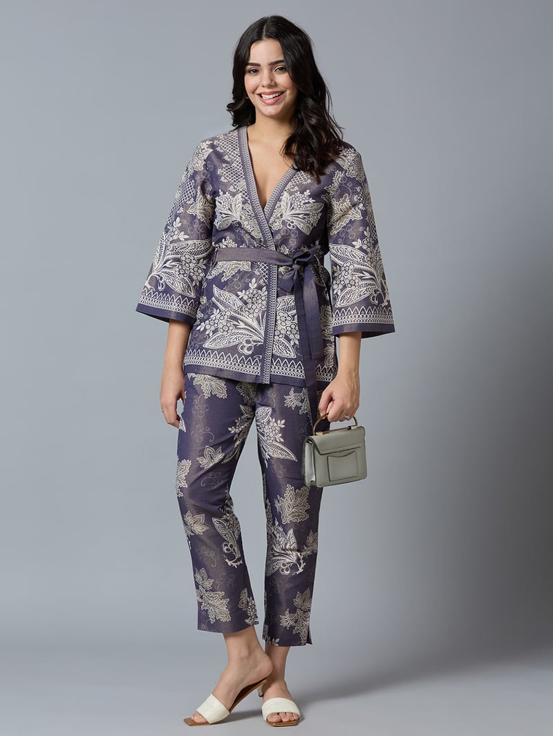 Navy Gold Floral Lacy Printed Metallic Kimono