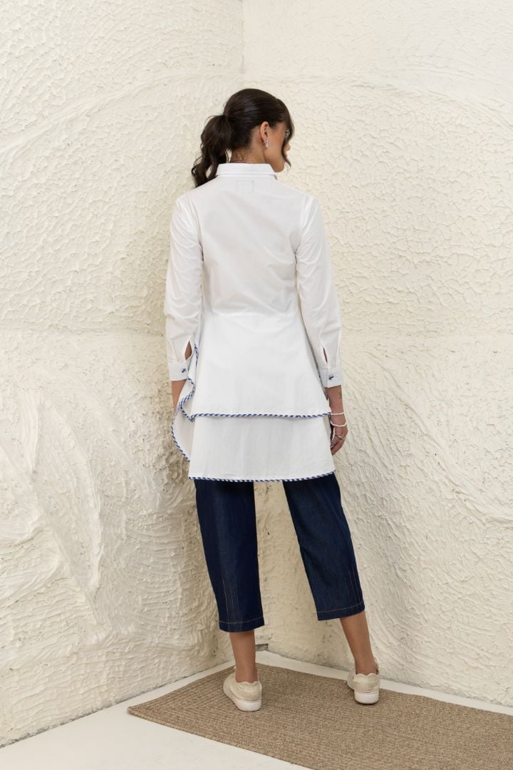 White Hi-Low Tiered Cotton Shirt with Blue Gingham Trim