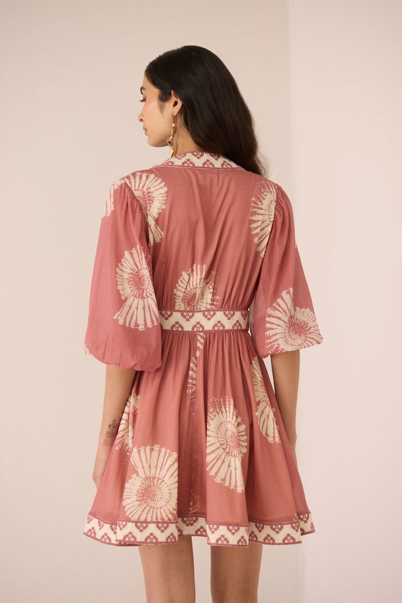 Nautilus Rose Cotton Wrap Mini Dress with Shell Print