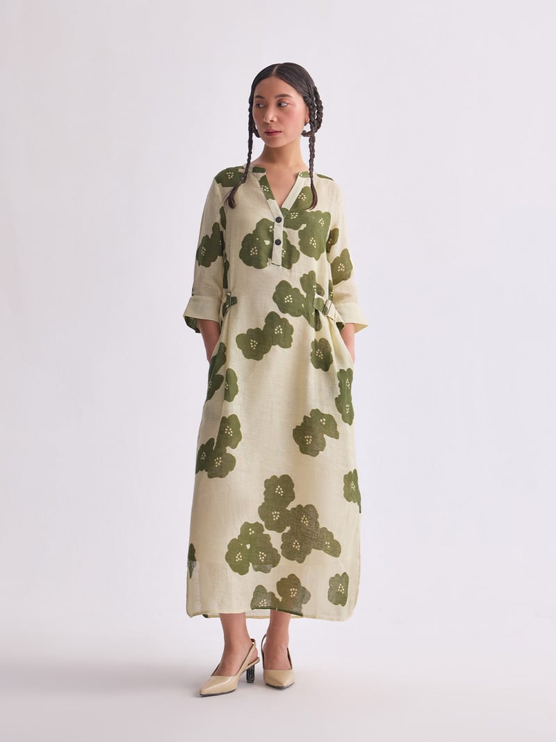 Green Poppy Gauze Linen Floral Midi Dress — YELL