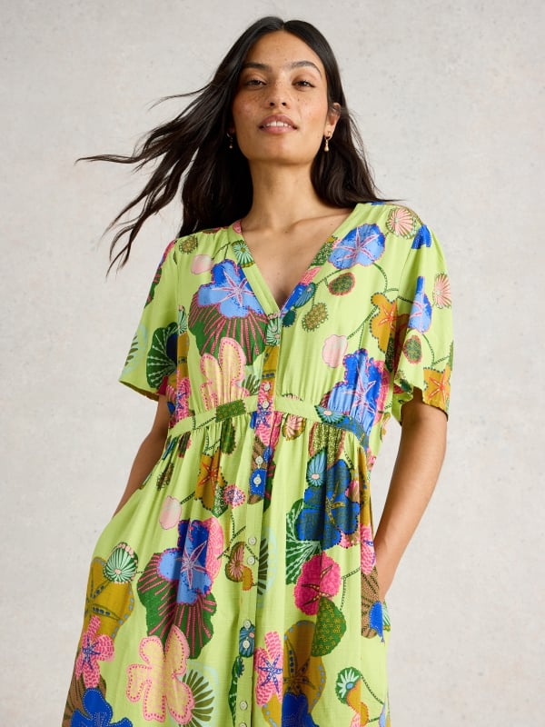 Green Floral Button-Through Tiered Midi Dress