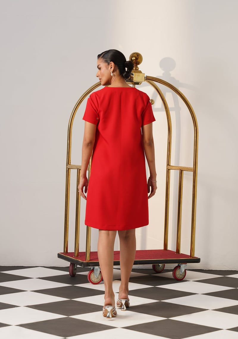 Red Knee-Length Shift Dress with 3D Floral Applique